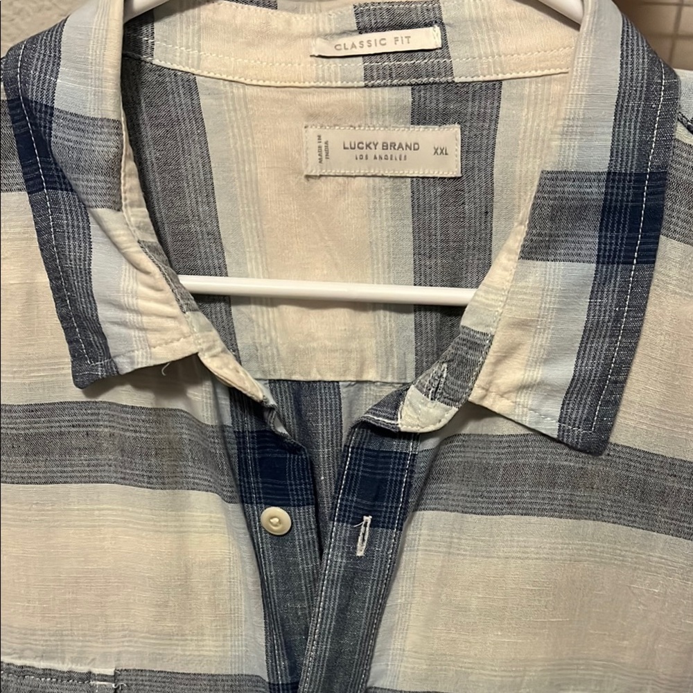 Lucky Brand Blue and White Casual Button Down Shirt Linen / Cotton Blend XXL